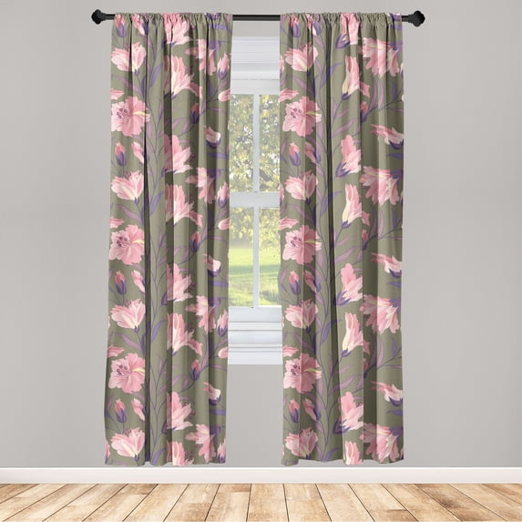 Lily Flowers Window Curtains, Fantasy Inspirations Floral Design with Retro Wave Colors Leaves Print, Lightweight Decor 2-Panel Set with Rod Pocket, Pair of - 28"x63", Indigo Pastel Pink, by Ambesonne