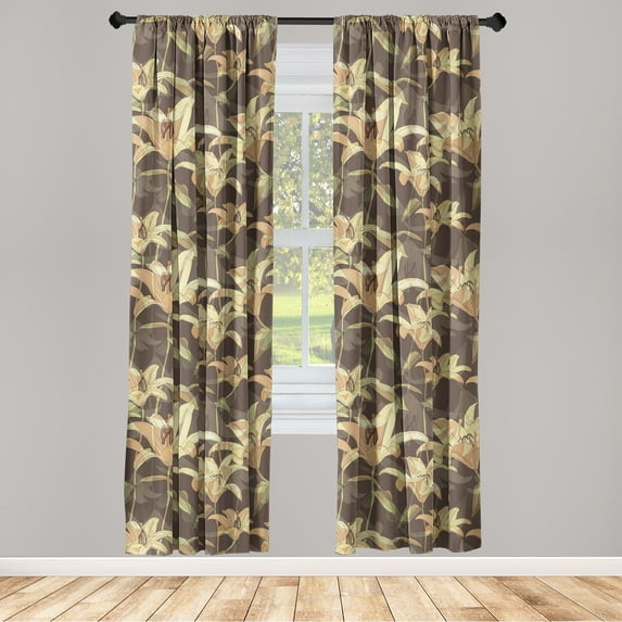 Lily Flowers Window Curtains, Modern Design of a Floral Scene in Woods Fantasy Feels Warm Colors Art, Lightweight Decor 2-Panel Set with Rod Pocket, Pair of - 28"x63", Pale Yellow Ecru, by Ambesonne