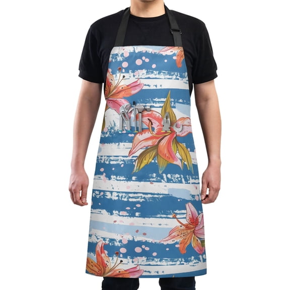 Lily Flowers on Stripe Kitchen Apron with 2 Pockets Adjustable waterproof Cooking Aprons for Women Men Chef