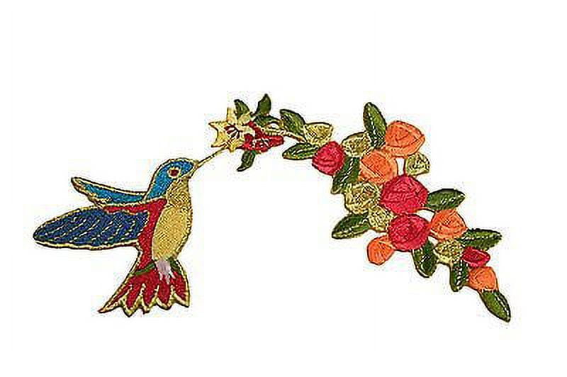 Lily Gold Flower & Hummingbird Self Adhesive Iron On Applique Sticker Patch