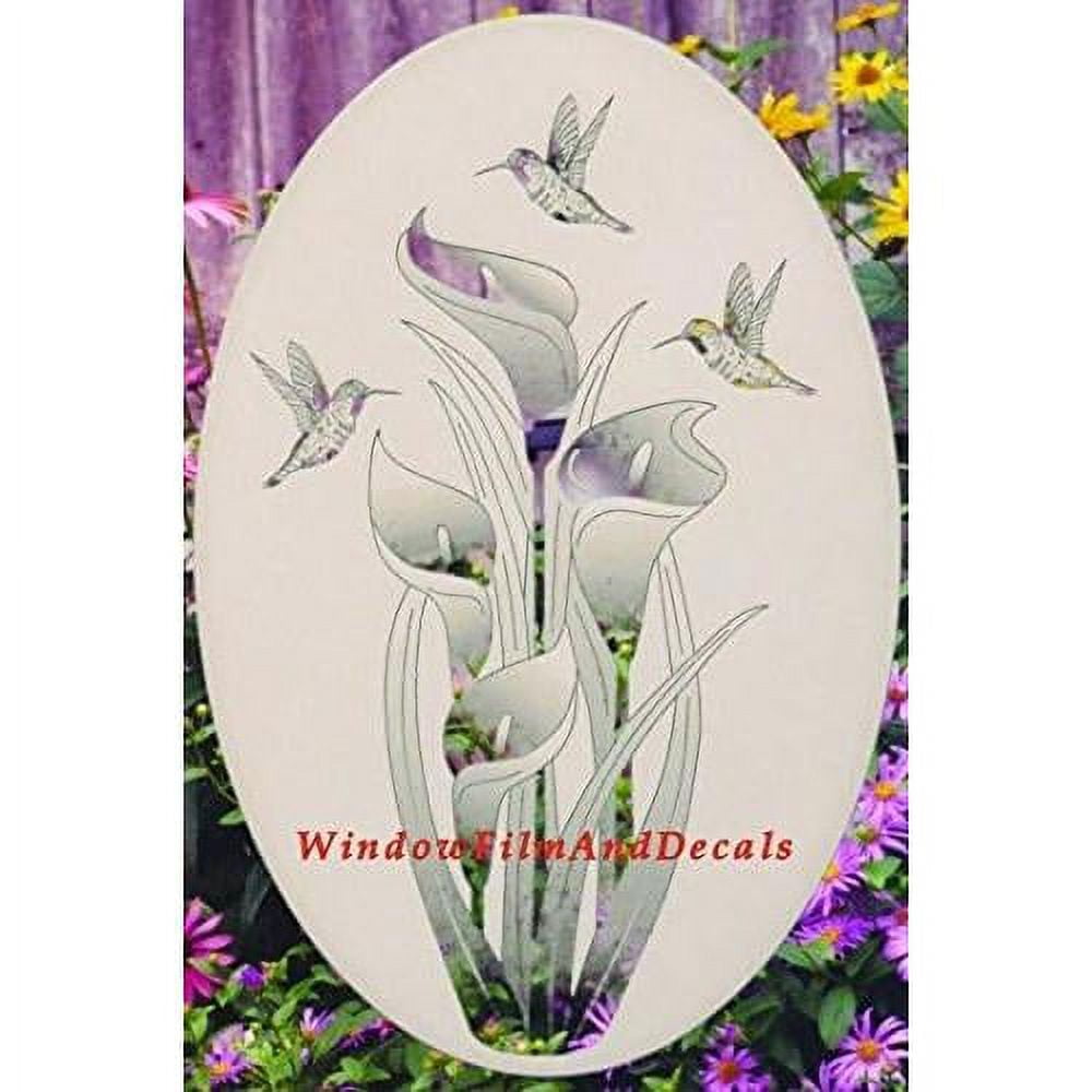 Lily Hummingbirds Oval Etched Window Decal Glass Cling 21" X 33