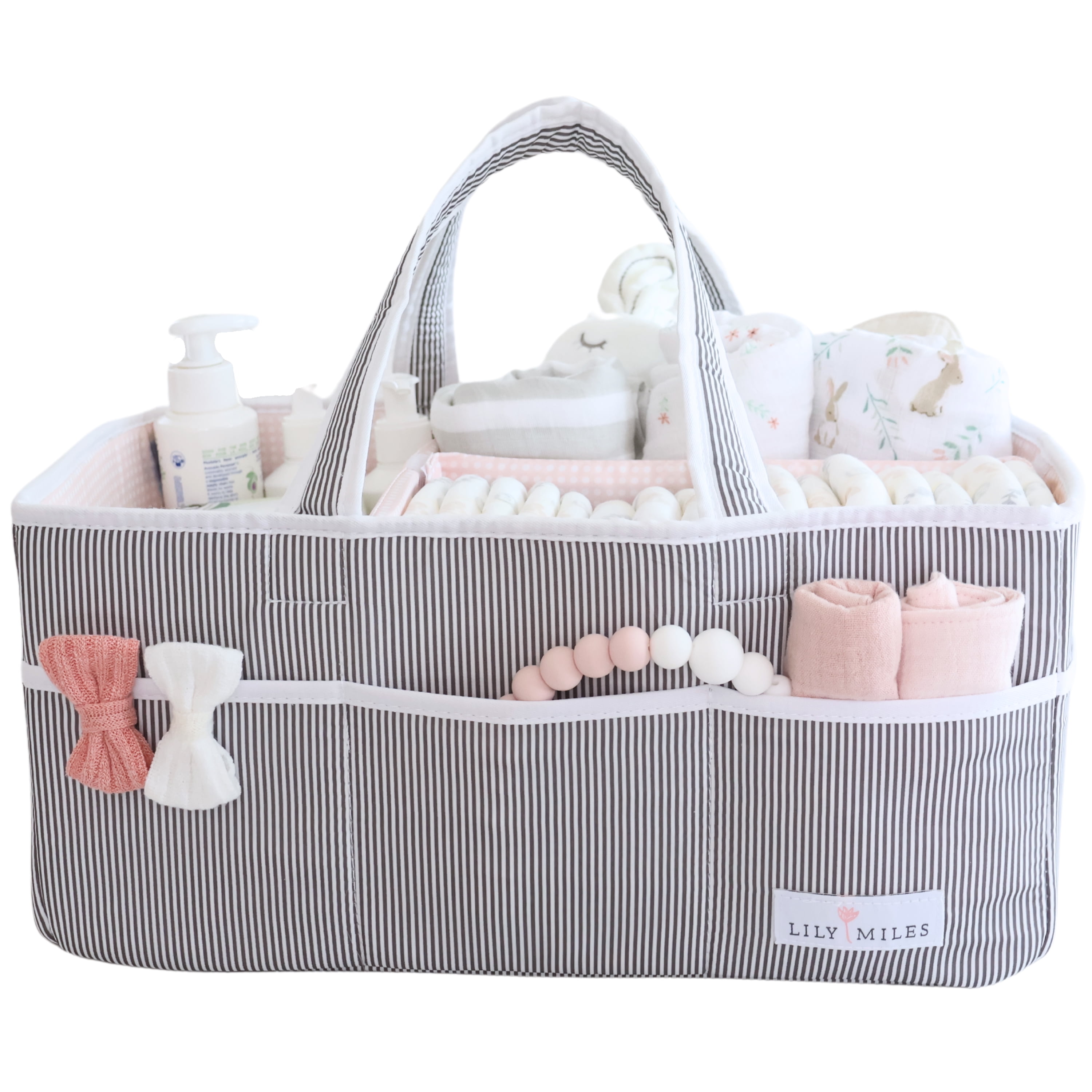 Large Gray and Blush Striped Fabric Diaper Caddy Organizer