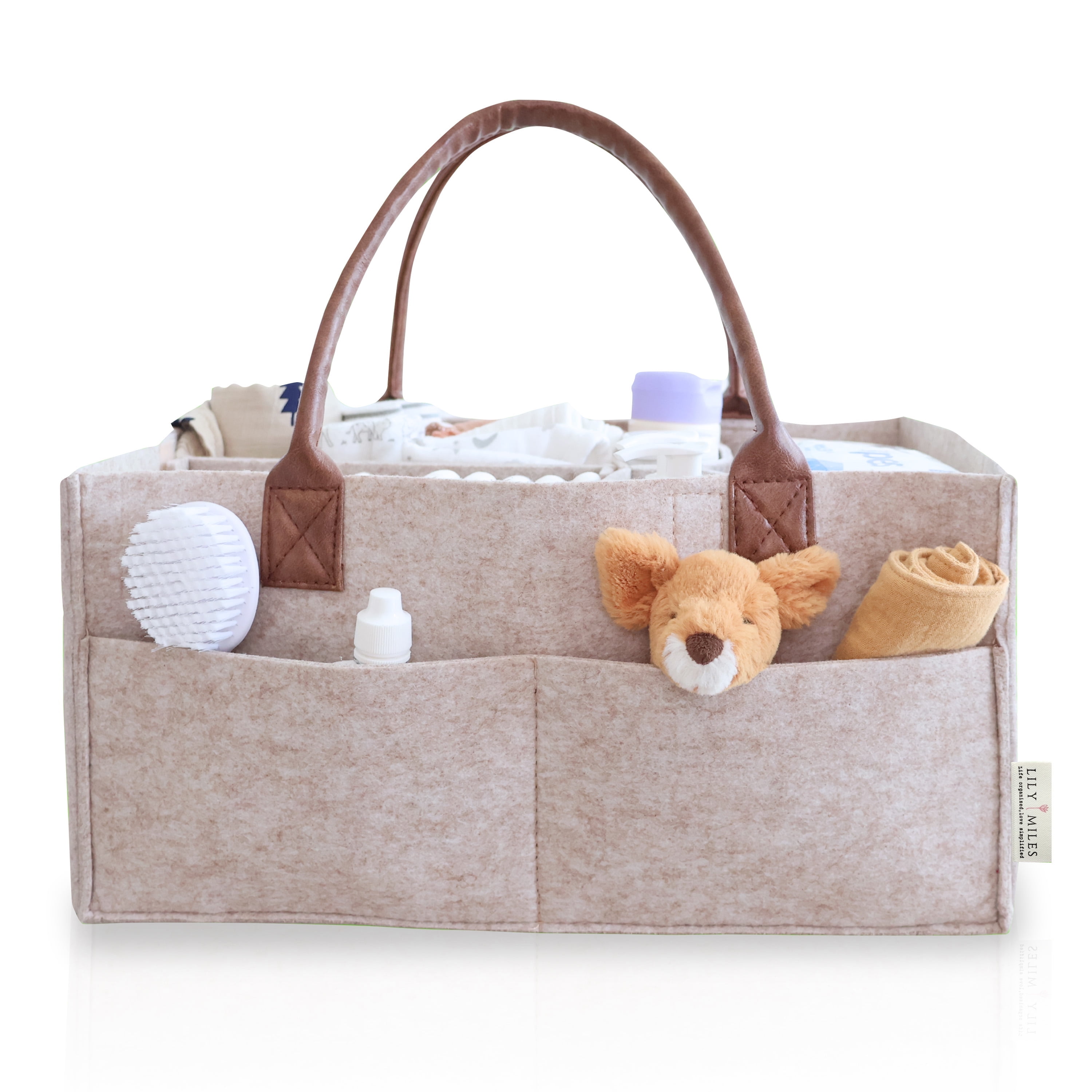 Large Sand Felt Diaper Caddy Organizer with PU Leather Handles