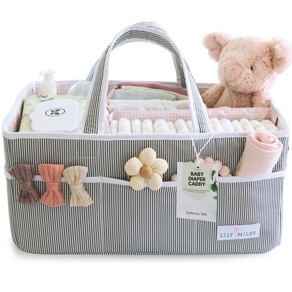 Lily Miles Baby Diaper Caddy Organizer for Baby Girls - Nursery Changing Table Organizer - Baby Shower Gifts (Gray/Blush, Large)