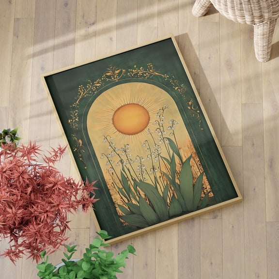 Lily Of The Valley And Sun Art Nouveau Emerald Green Botanical Folk Mystical Boho Floral Illustration Poster Wall Art Print