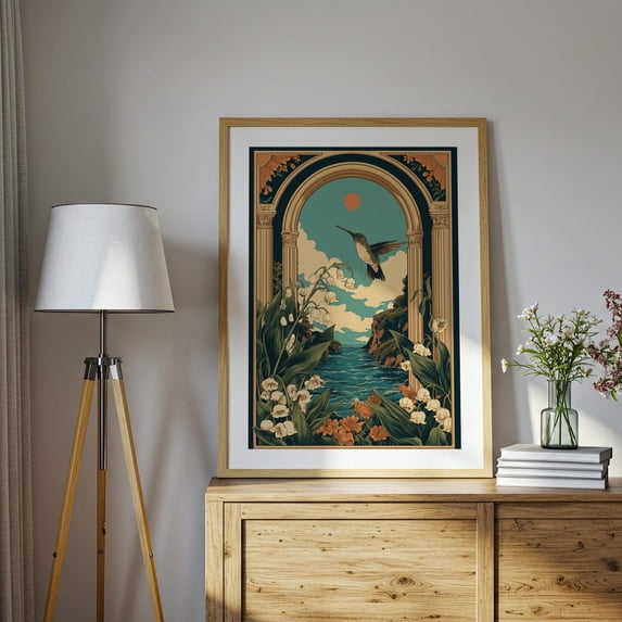 Lily Of The Valley Hummingbird Arched Window Folk Art Wall Art Print ...