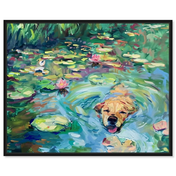 Lily Pad Dog Rustic Chic Farmhouse Canvas Wall Art by Art Remedy, Black Floater Frame, 20"x16"