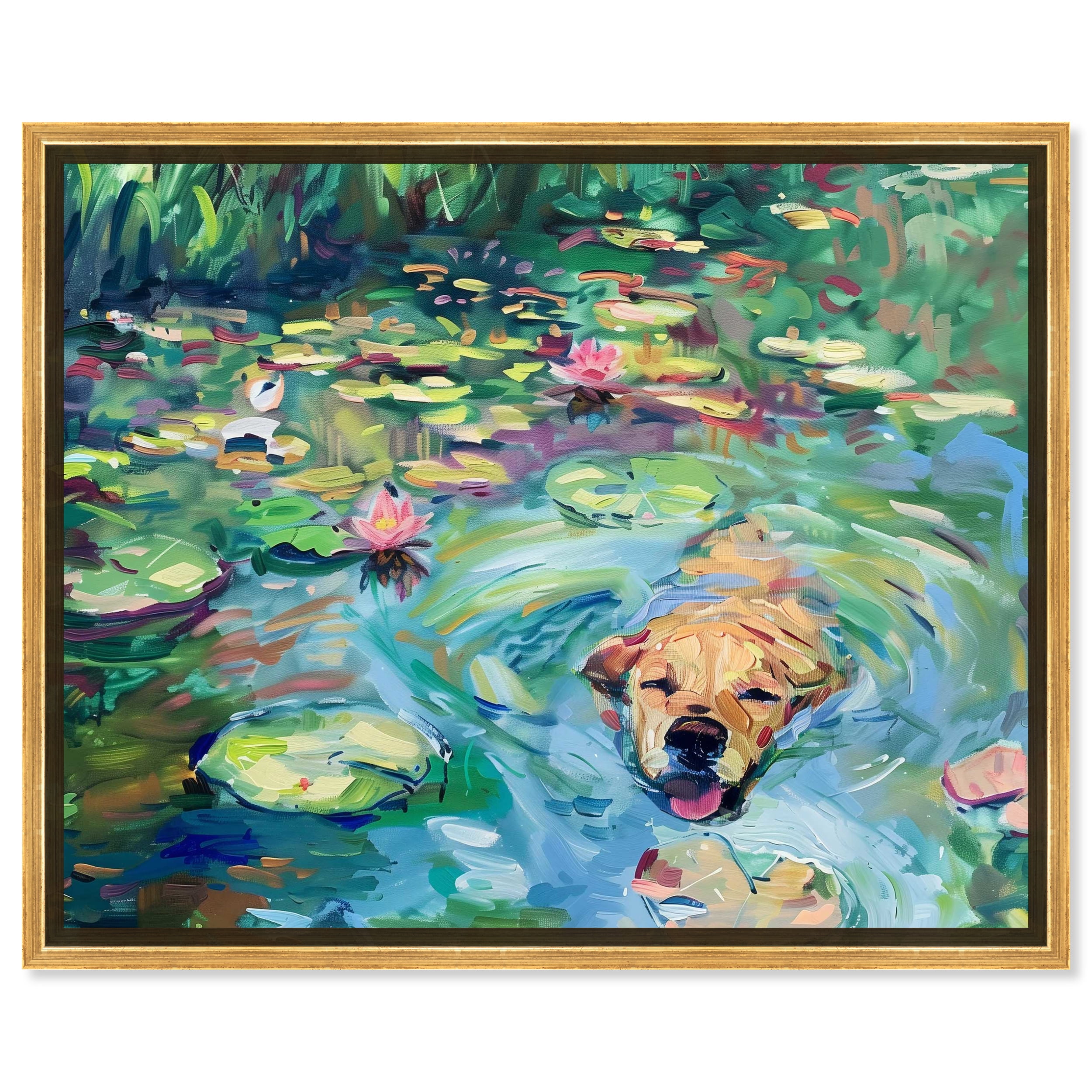 Lily Pad Dog Green and Gold Canvas Wall Art
