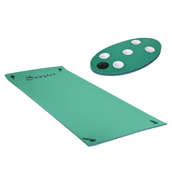 Lily Pad Floating Mat 12x5ft, Water Float with Cup Holders, 3-Layer XPE Foam Roll-Up Dock for 2-3 Adults, Green