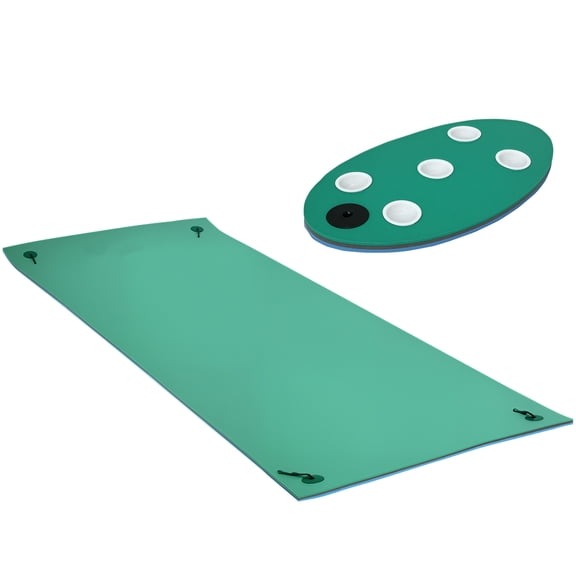 Lily Pad Floating Mat with Cup Holder Table, Portable Roll-Up Water Mat, Green, 12.5' x 5'