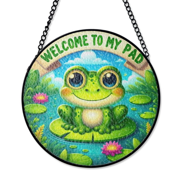 Lily Pad Frog Welcome Stained Glass Suncatcher UV Printed Glass Amphibian Lover Gift Round