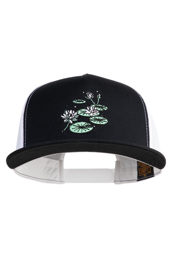 Lily Pads Embroidered Classic 5 Panel Two Tone Mesh Trucker Snapback Cap - Black White OSFM