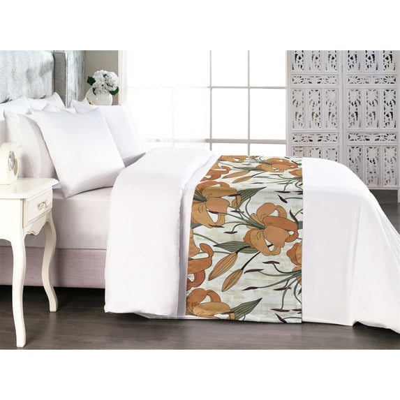 Lily Pattern Bed Runner, Blooming Flowers Boho with Leaves Vintage Colors on Grunge Back, Decorative Accent Bedding Scarf for Hotels Homes & Guest Rooms, King, Dark Salmon Peacock Green, by Ambesonne
