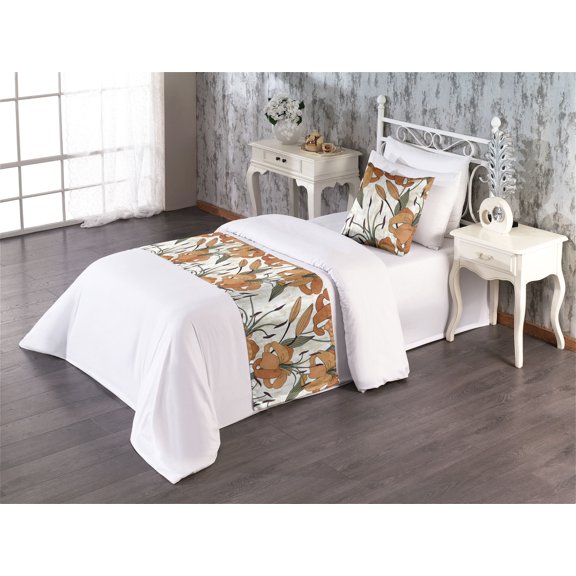 Lily Pattern Bed Runner Set, Blooming Flowers Boho with Leaves Vintage Colors on Grunge Back, Decorative Bedding Scarf & a Pillow Sham for Hotels Homes, Twin, Dark Salmon Peacock Green, by Ambesonne