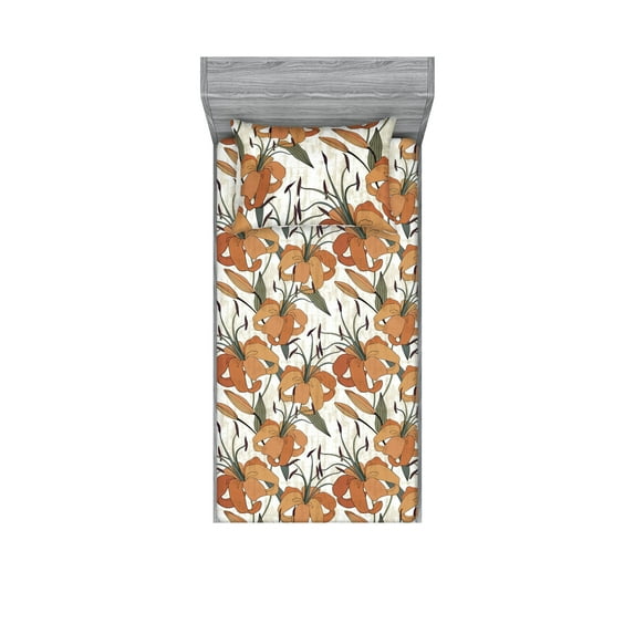 Lily Pattern Fitted Sheet & Pillow Sham Set, Blooming Flowers Boho with Leaves Vintage Colors on Grunge Back, Decorative Printed 2 Piece Bedding Decor, Twin, Dark Salmon Peacock Green, by Ambesonne