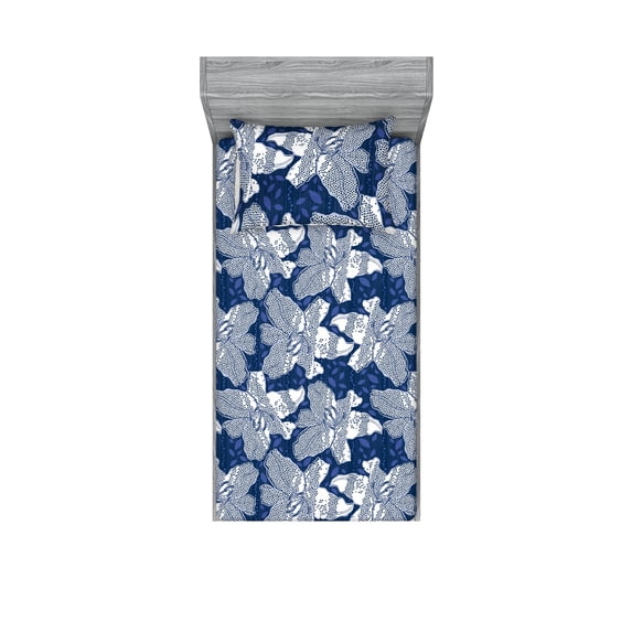 Lily Pattern Fitted Sheet & Pillow Sham Set, Retro Wave Inspiration Dotted Flowers Vintage Dreamy Feels Artwork, Decorative Printed 2 Piece Bedding Decor, Twin, Dark Lavender Eggshell, by Ambesonne