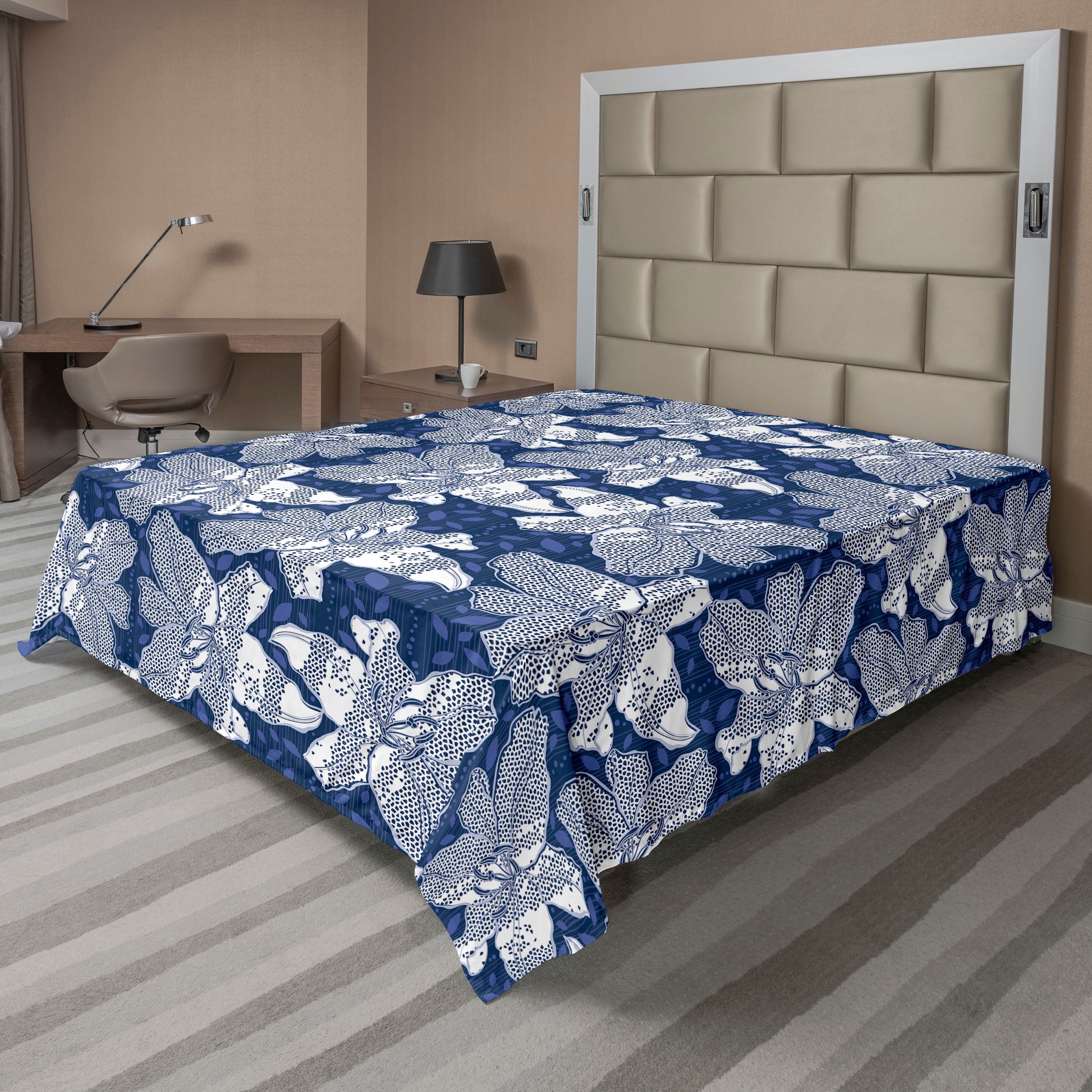 Lily Pattern Flat Sheet, Retro Wave Inspiration Dotted Flowers Vintage