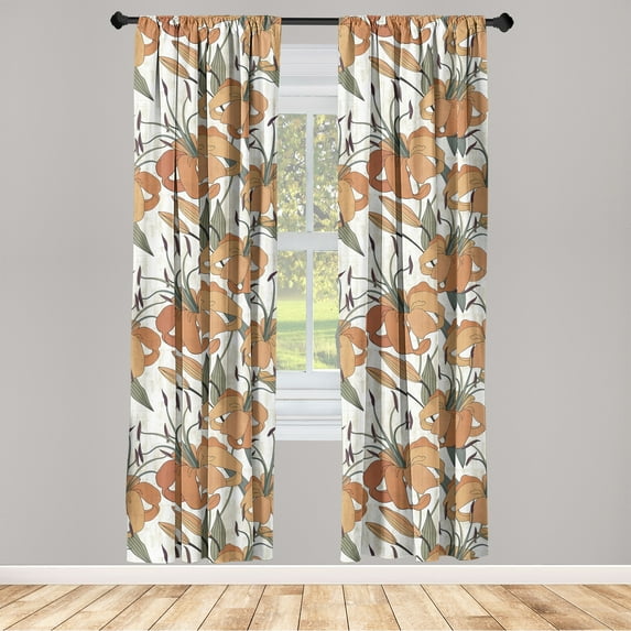 Lily Pattern Window Curtains, Blooming Flowers Boho with Leaves Vintage Colors on Grunge Back, Lightweight Decor 2-Panel Set with Rod Pocket, Pair of - 28"x84", Dark Salmon Peacock Green, by Ambesonne