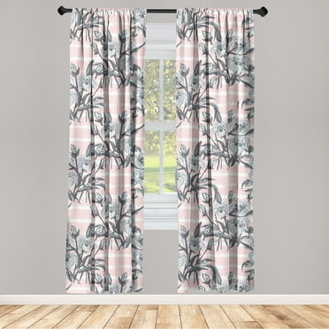 Lily Pattern Window Curtains, Modern Design of Neutral Colors Boho Flowers on Striped Backdrop, Lightweight Decor 2-Panel Set with Rod Pocket, Pair of - 28"x63", Pastel Pink Pale Grey, by Ambesonne