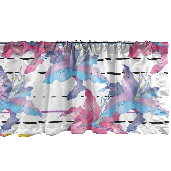 Lily Pattern Window Valance, Botany Inspired Flowers Boho Pattern on Horizontal Striped Back, Curtain Valance for Kitchen Bedroom with Rod Pocket, 54" X 18", Hot Pink Pale Azure Blue, by Ambesonne