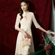 Lily Pattern Women Summer Chiffon Cheongsam 3/4 Sleeve Mid Long Style Retro Dress Female Embroidery Qipao M To 4XL