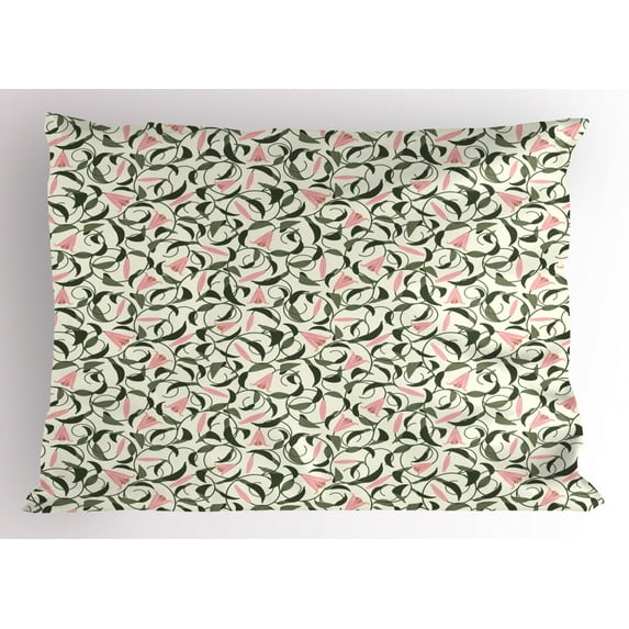 Lily Pillow Sham, Swirly Tangled Stems with Flourishing Fresh Lilies and Tender Leaves, Decorative Standard Queen Size Printed Pillowcase, 30 X 20 Inches, Dark Green Pale Pink Ivory, by Ambesonne