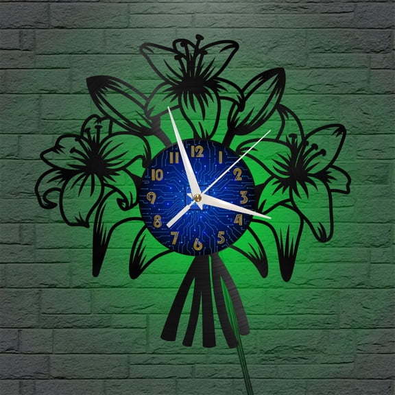 Lily Plant 12 Inch Vinyl Record Wall Clock - Silent, Creative, and Unique Clock for Living Room, Entryway, or Bedroom Decor - Perfect Gift Idea(12 inchs B with LED)