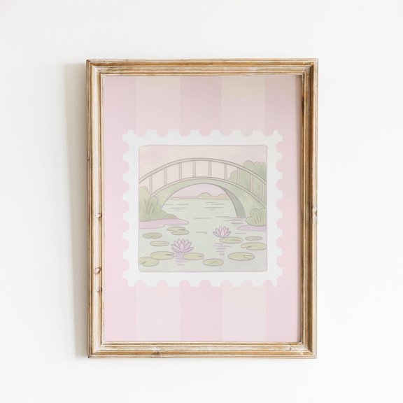 Lily Pond Bridge Pastel Garden Stamp Wall Decor Unframed Paper Print
