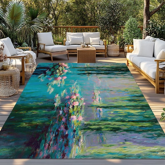 Lily Pond Indoor Outdoor Rugs 3x5 Ft, Flowers Hanging Willows Pink Blooms Impressionist Outdoor Patio Rugs Mat Washable Outside Area Rugs Carpet for Porch Deck RV Camping Pool Balcony Backyard