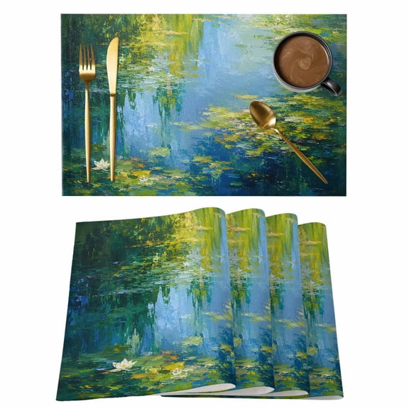 Lily Pond Placemats Set of 1, Summer Green Weeping Willow Lily Pads Oil Painting Style Non-Slip Place Mats Washable Table Mats for Kitchen Dining Table Decorations Indoor/Outdoor