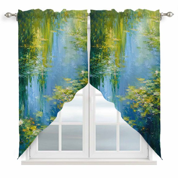 Lily Pond Swag Valances for Windows 2 Pack Summer Green Weeping Willow Lily Pads Oil Painting Style Swag Kitchen Curtains 63 Inches Long Rod Pocket Short Window Treatment for Kitchen Bathroom 36"x63"