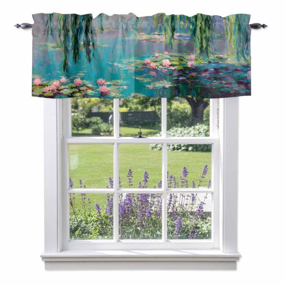 Lily Pond Valances for Windows, Flowers Hanging Willows Pink Blooms Impressionist Rod Pocket Valance Short Window Treatments Curtains for Kitchen Bathroom Bedroom Decor, 42 x 12 Inches