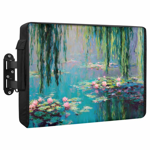 Lily Pond Waterproof Outdoor TV Cover, Flowers Hanging Willows Pink Blooms Impressionist Outside Weatherproof TV Enclosures for 30 to 32 Inch LCD Television Shield Flat Screen Protectors