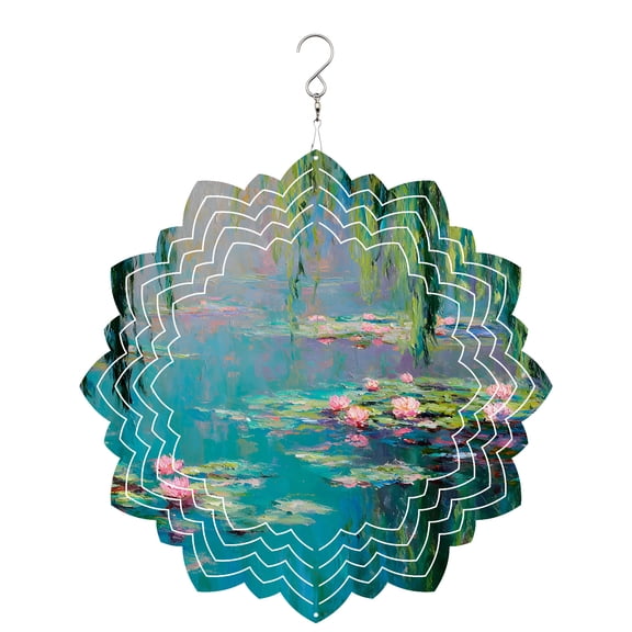 Lily Pond Wind Spinner for Garden Yard 8In, Flowers Hanging Willows Pink Blooms Impressionist 3D Stainless Steel Kinetic Hanging Wind Spinners Rustproof Outdoor Decor for Lawn Patio Home