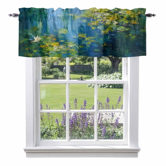 Lily Pond Window Valance for Kitchen, Summer Green Weeping Willow Lily Pads Oil Painting Style Rod Pocket Short Curtains for Bathroom Bedroom Window, Light Filtering Decorative Valances, 42x12 Inch