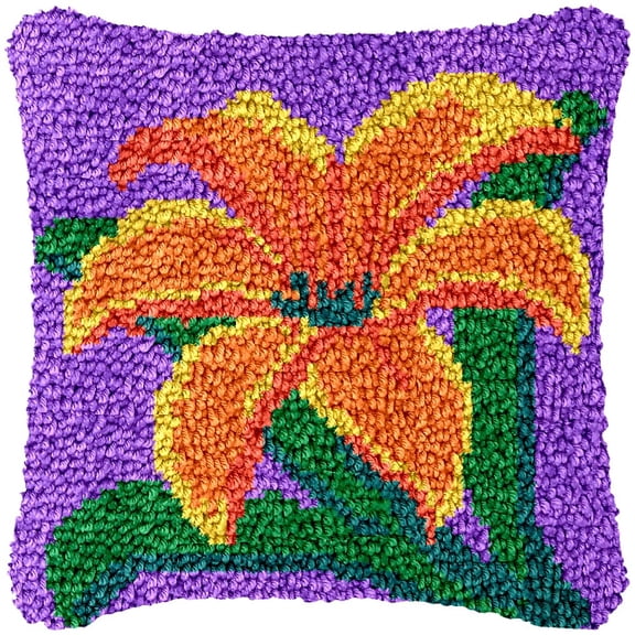 Lily Purple Latch Hook Kits Pillow Cover DIY Rug Making Crochet Hook Cushion Making Kits with Preprinted Pattern Canvas DIY Needlework Crochet Kits Sofa Decor 43x43cm