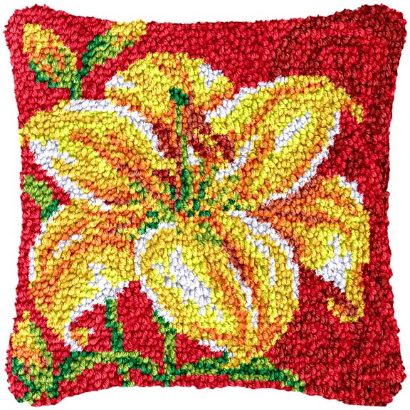 Lily Red Color Latch Hook Kits Pillow Cover DIY Rug Making Crochet Hook Cushion Making Kits with Preprinted Pattern Canvas DIY Needlework Crochet Kits Sofa Decor 43x43cm