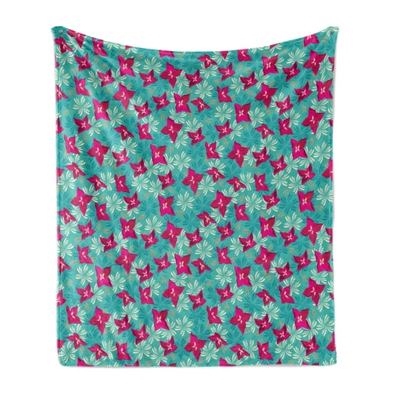 Lily Soft Flannel Fleece Blanket, Vibrant Flower Field Flourishing Spring Season Daisy Valentines Garden Pattern, Cozy Plush for Indoor and Outdoor Use, 70" x 90", Turquoise Magenta, by Ambesonne