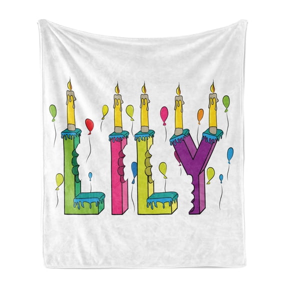 Lily Soft Flannel Fleece Throw Blanket, Hand Drawn Merry Arrangement of Letters Birthday Themed Female Name with Balloons, Cozy Plush for Indoor and Outdoor Use, 50" x 70", Multicolor, by Ambesonne