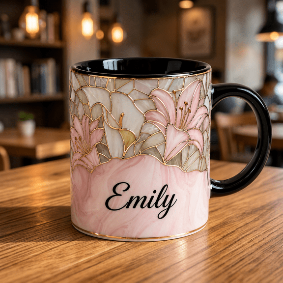 Lily Stained Glass Ceramic Mug Custom Name Memorial Gift Mug for Her