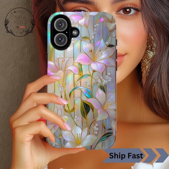 Lily Stained Glass Print Tough Phone Case: Iridescent Floral Marble Design