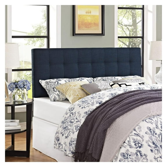 Lily Tufted Linen Fabric Upholstered Queen Headboard in Navy