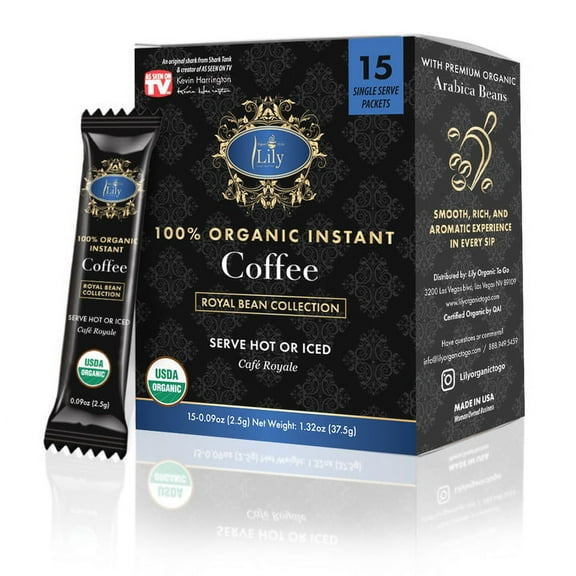 Lily USDA Organic Instant Black Coffee, 15 Singles, Premium Arabica Instant Coffee Packets, Vegan and Gluten-Free, Deliciously Rich Coffee Powder for Hot or Iced Drinks, Made in USA, 2.5g Per Sachet