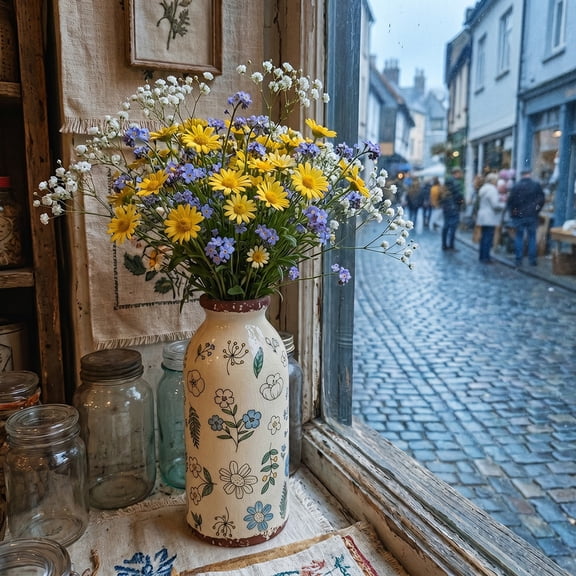 Lily of the Valley Ceramic Vase, 20cm Tall Vintage Floral Vase with Crackle Glaze, Rustic Farmhouse Decorative Vase for Living Room, Mantel, Table Centerpiece, Dried Flower Vase