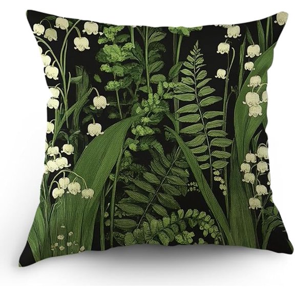 Lily Valley Fern Floral Throw Pillow Cover Hand Drawn Wildflower Design 18 x 18 Inches