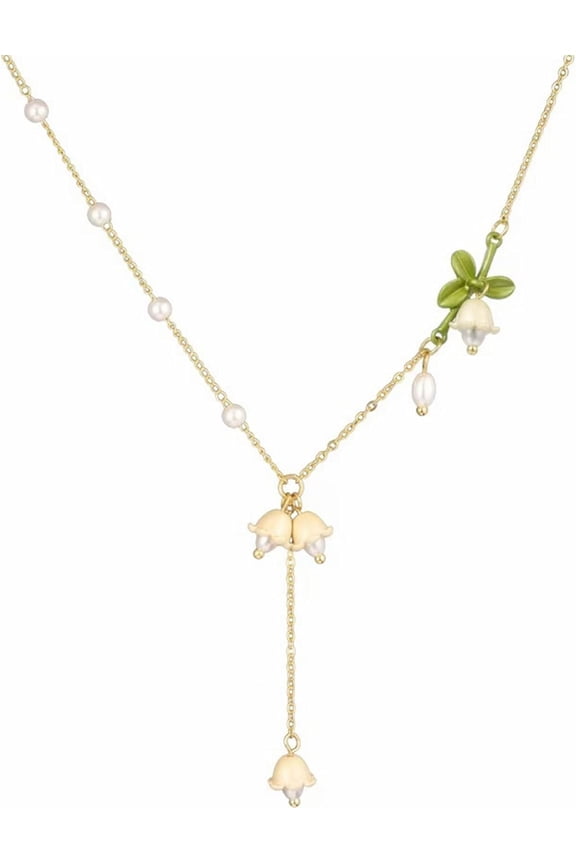 Lily of the Valley Flower Necklace Earrings Gold Plated Charm Fairy White Lily Bell Freshwater Pearl Flowers Enamel Green Leaves Tassel Jewerly Set for Women Wedding Bridal Spring Jewelry Gifts