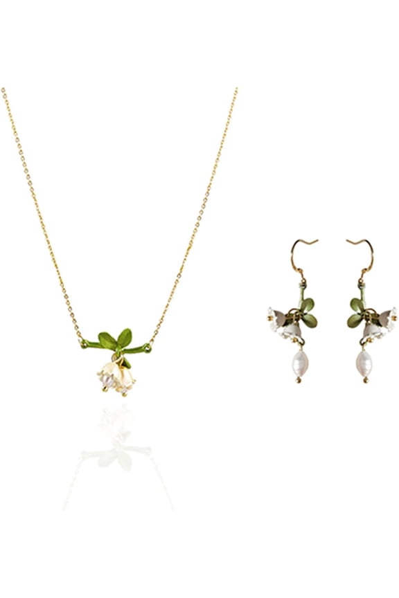 Lily of the Valley Flower Necklace Earrings Gold Plated Charm Fairy White Lily Bell Freshwater Pearl Flowers Enamel Green Leaves Tassel Jewerly Set for Women Wedding Bridal Spring Jewelry Gifts