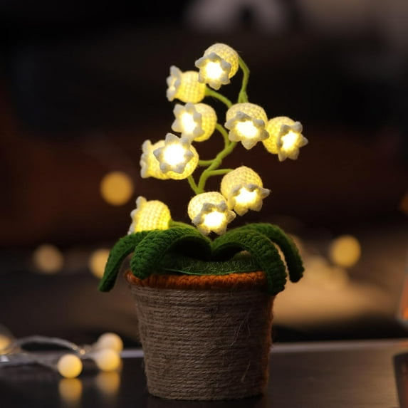 Lily of The Valley Lamp, Crochet Artificial Flowers with Night Lights, Cordless Table Lamp - Women Gift Ideas for Christmas Valentine Mother's Day, Desk Home Decorations