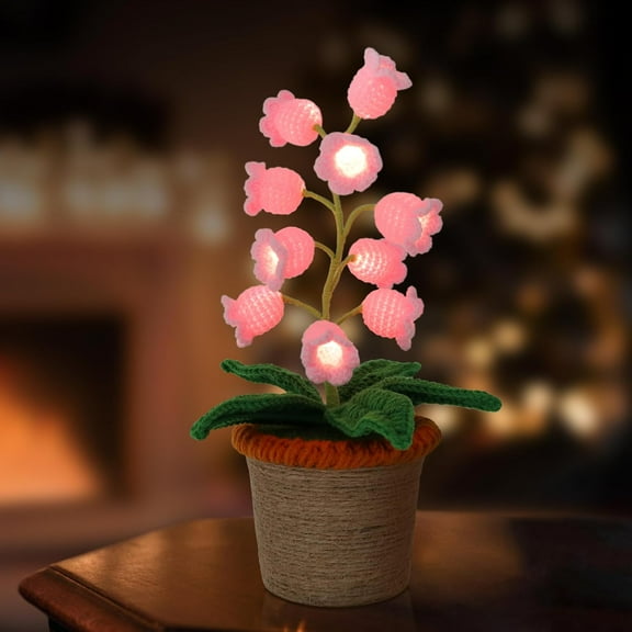 Lily of The Valley Lamp, Crochet Artificial Flowers with Night Lights, Cordless Table Lamp - Women Gift Ideas for Christmas Valentine Mother's Day, Desk Home Decorations (Pink)