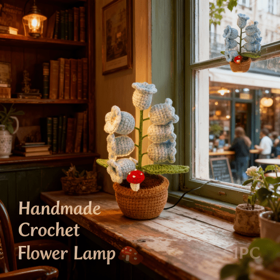 Lily of The Valley Lamp, Crochet Plant Pot with Light, Cute Flower Lamp for Shelves, Battery-Operated Artificial Decor, Whimsical Gift for Women, Dorm Room, Fairy Light